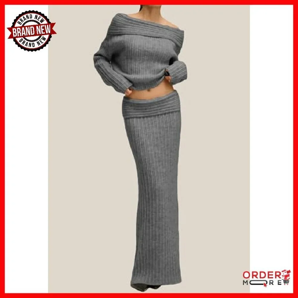 Off Shoulder Sweater & Knit Maxi Skirt Set - Stretchy Fall Outfit - Picture 3 of 8